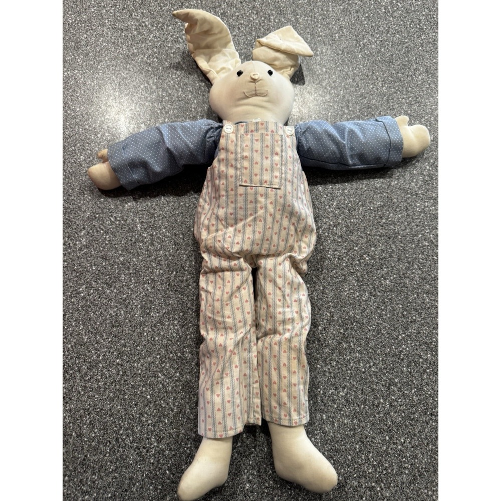 VTG Handmade Bunny Rabbit Plush Toy Doll Striped Overalls Floppy Ear 19" EUC A32